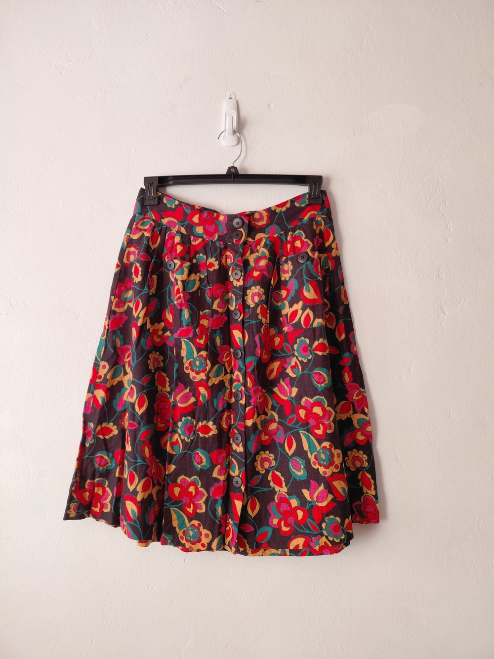 MODCLOTH Floral Linen Blend Skirt Black Pink Red Yellow - Picture 2 of 9